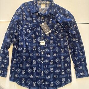 NWT Panhandle Rough Stock Pearl Snap Shirt XL Blue Mens Western Long Sleeve